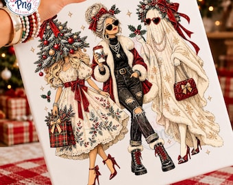 Trendy Christmas Girls PNG Sublimation Design, Coquette Holiday Ghost Tree Dress Shirt Graphic, Glam Winter Fashion Besties Digital Download