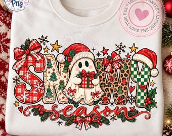 Retro Snowy Season PNG Sublimation Design, Christmas Holiday Doodle Letters Shirt Graphic, Leopard Print Winter Ghost Digital Download