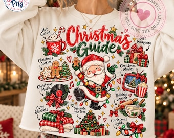 julguide png, vintage julkollage med jultomten, julbelysning med varm chokladkakor, sublimering av mysig jul, skjorta, digital nedladdning