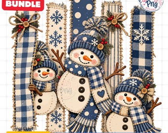 Blue Snowman Trio PNG Bundle, Faux Embroidered Christmas Design, Patchwork Snowflake Sublimation, Blue Gingham Winter Shirt, Cozy Xmas PNG