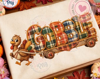 Gobble Turkey Thanksgiving PNG, Faux Stitch Broderigrafik, Rutig Höstkalkondesign, Orange Applikationsskjorta PNG, Höstsublimering