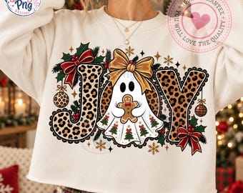 Retro Christmas Joy PNG Sublimation Design, Spooky Holiday Ghost Shirt Graphic, Leopard Print Coquette Gold Bow Gingerbread Download