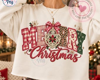 Faux broderad rosa god jul PNG, lapptäcke med god leopardmönster, gingham julgransspets, sublimering, julprickar