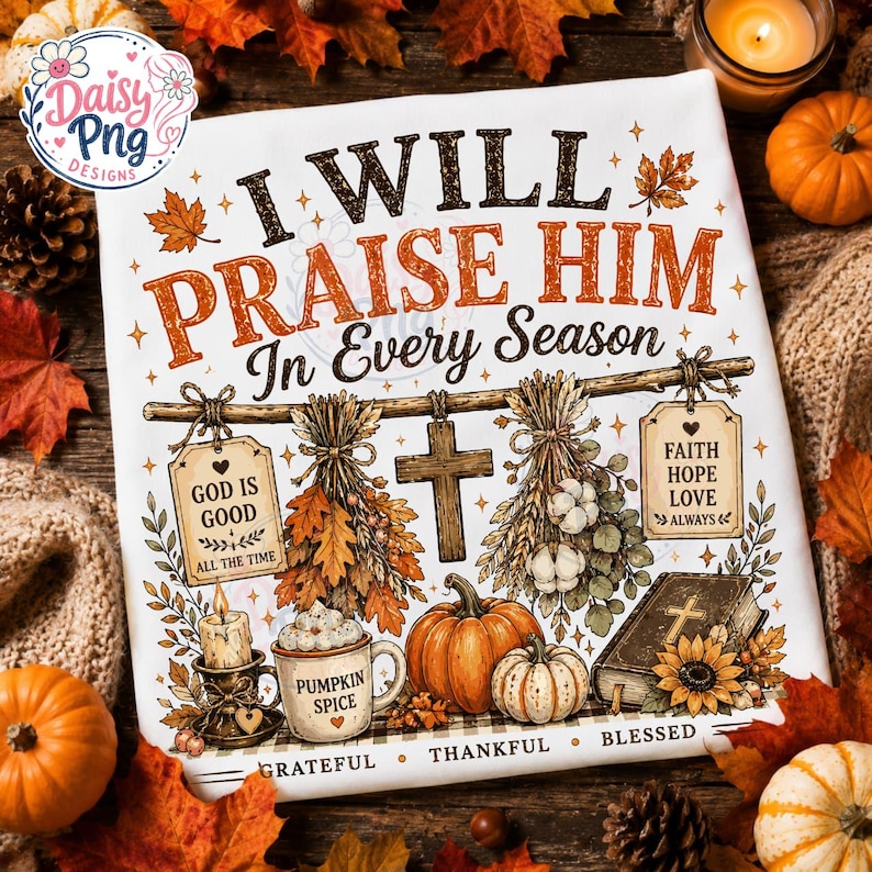 May include: A white fabric surface featuring the text I WILL PRAISE HIM In Every Season, with illustrations of a wooden cross, hanging dried herbs, a pumpkin spice mug, a candle, a Bible, pumpkins, and the words GRATEFUL THANKFUL BLESSED.