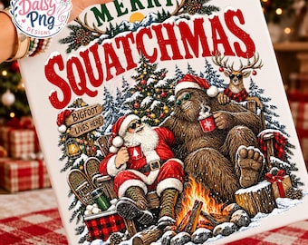 Merry Squatchmas png, rolig jultomte och Bigfoot-jul png, Sasquatch-helgbesättning png, trendiga julvänner png, retro-helg png