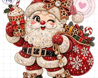Glam Christmas Santa PNG Sublimation Design, Shimmering Rhinestone Pearl Holiday Shirt Graphic, Glitter Leopard Print Bow Digital Download