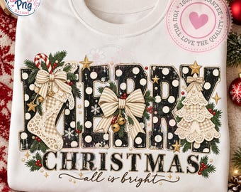 Vintage Merry Christmas PNG Sublimation, Retro Neutral Farmhouse Doodle Letters Shirt Graphic, Cozy Shabby Chic Lace Holiday Download