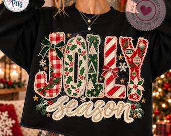 Vintage Jolly Season PNG Sublimation Design, Faux Embroidery Christmas Doodle Letters Shirt Graphic, Burlap Patchwork Stitch Ornament Png