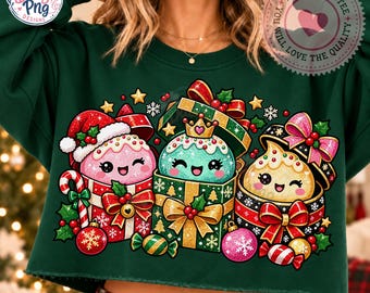 Cute Kawaii Christmas PNG Sublimation Design, Retro Pink Holiday Cupcake Gift Box Shirt Graphic, Kids Chibi Glitter Christmas Download