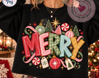 God jul png, färgglad retro jul, lapptäcke med glada bokstäver, ornament med pepparmynta, sublimering av högtider, digital nedladdning