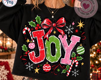 Vintage Christmas Joy PNG Sublimation Design, Retro Doodle Letters Shirt Graphic, Pink Holiday Bow Candy Cane Ornaments Download