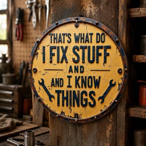 I Fix Stuff And I Know Things Metal Sign, Round Handyman Tin Sign, Funny Garage Workshop Wall Decor, Dad Gift