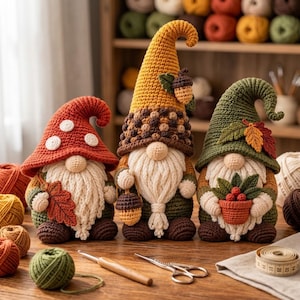 May include: Three crocheted gnome figurines with pointed hats. The left gnome has a red hat with white spots and a leaf. The center gnome has a tall yellow hat with an acorn. The right gnome has a green hat with leaves and a small pot.