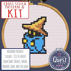 Black Mage Cross Stitch Kit - Pattern with Instructions materials supplies 5 DMC colors beginners guide small FFXIV final fantasy 14 gift
