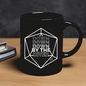 Baldur&#39;s Gate 3 11oz / 15oz Black Mug Gift Down By the River BG3 Baldurs Gate 3 Video Game Coffee Cup with 20 sided dice Tabletop Coffee Mug