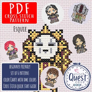 May include: A cross-stitch pattern set with the text "PDF CROSS STITCH PATTERN ESQUIE". The image features a large central design and six smaller character portraits. The text "BEGINNER FRIENDLY" and "SET OF 6 PATTERNS" are also visible.