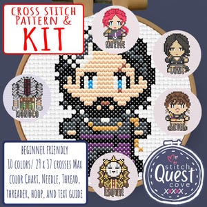 May include: A cross stitch kit with a large central character design, surrounded by smaller character portraits. The kit includes a color chart, needle, thread, threader, and hoop. Text reads "Cross Stitch Pattern & Kit" and "Beginner Friendly."