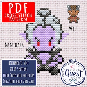 Può includere: Un modello a punto croce con due personaggi, Minthara e Wyll, con la scritta "PDF CROSS STITCH PATTERN". Il design include tabelle dei colori con colori DMC ed è adatto ai principianti. L'immagine include anche il testo "Stitch Cove".