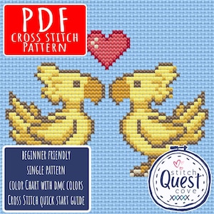 May include: A digital cross stitch pattern featuring two yellow birds facing each other with a red heart above them on a light blue background. Text includes PDF CROSS STITCH PATTERN, BEGINNER FRIENDLY, SINGLE PATTERN, COLOR CHART WITH DMC COLORS, CROSS STITCH QUICK START GUIDE, and the Stitch Quest Cove logo.