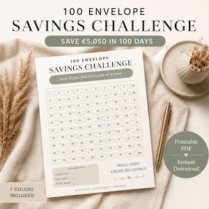 100 Day Savings Challenge Envelope Bundle | 7 Color Printable Cash Envelope Tracker | Budget Challenge PDF
