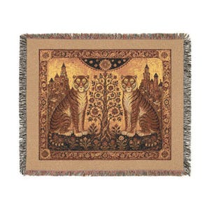Tree of Life Tapestry Blanket, Russian Folk Tigers and Church Tower Art