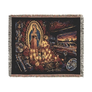 Our Lady of Guadalupe Woven Blanket, Sacred Heart Altar, Chicano Lowrider Throw