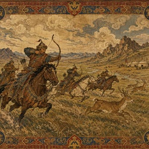 Mongolian Horse Archer Tapestry, Nomadic Warrior Wall Hanging and Picnic Blanket