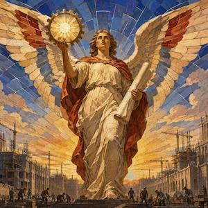 Puede incluir: Una gran figura alada con una túnica blanca fluida y una capa roja se alza sobre una obra en construcción. La figura sostiene un engranaje brillante en una mano y un pergamino enrollado en la otra. El fondo muestra un cielo de mosaico.