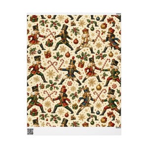 May include: Wrapping paper featuring a repeating pattern of nutcracker figures in red, blue, and green uniforms. The nutcrackers are posed in fencing stances with candy canes, interspersed with holly leaves, gold snowflakes, and gift boxes.