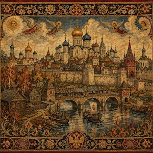 Arazzo ortodosso della città fluviale, arazzo da parete di una cattedrale russa, arte slava del vecchio mondo, copriletto di un castello medievale, decorazioni religiose