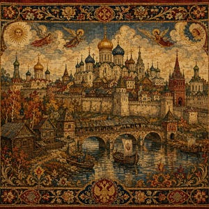 Orthodox River City Tapestry, Russian Cathedral Wall Hanging, Old World Slavic Art, Medieval Castle Bedspread, Religious Decor