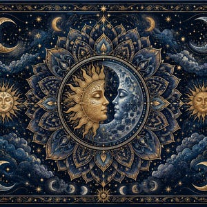 Celestial Sun Moon Mandala Indoor Wall Tapestry & 104" x 88" Beach Blanket  | Boho Astrology Decor