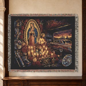 Our Lady of Guadalupe Woven Blanket, Sacred Heart Altar, Chicano Lowrider Throw