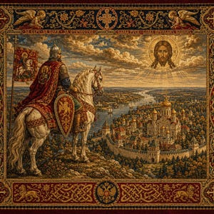 Arazzo cristiano ortodosso raffigurante un guerriero, arazzo medievale con cavaliere, arte religiosa bizantina, copriletto con castello slavo, decorazione sacra per la casa.
