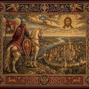 Orthodox Christian Warrior Tapestry, Medieval Knight Wall Hanging, Byzantine Religious Art, Slavic Castle Bedspread, Sacred Home Decor