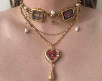 Red Heart Watch NecklaceSet,Multi Layer Clock Jewelry, Gold Pearl Chain Clock Pendant,Retro Heart Watch Necklace,Victorian Timepiece Jewelry