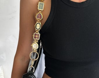 Kedja för vintageurtavla, väskrem med guldfärgad urtavla, handgjord dekorativ axelkedja för väska, röd unik iögonfallande väskaaccessoar