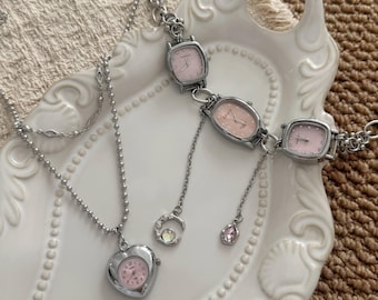 Pink Watch Layered Necklace, Sliver Multi-Tier Chain Clock Jewlery, Heart Watch & Moon Crystal Charms, Retro Y2K Grunge Celestial Choker