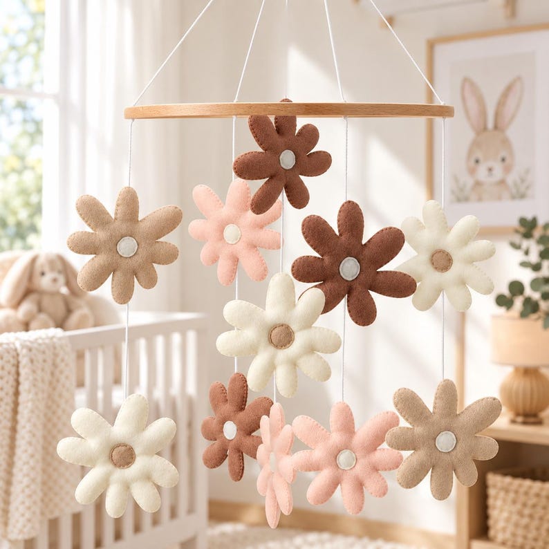 Felt Flower Baby Mobile | Neutral Daisy Crib Mobile | Boho Nursery ...
