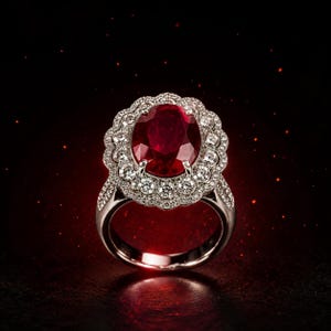 May include: A silver-toned ring featuring a large, oval-cut deep red gemstone at the centre. The stone is surrounded by a scalloped halo of small, round, clear white stones. The band and the setting are encrusted with tiny, sparkling white stones.