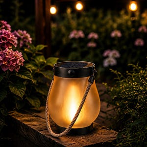 May include: A solar-powered lantern with a frosted, amber-toned glass body that emits a warm, glowing light. The lantern features a black metal top and base, and a thick, natural-coloured rope handle attached to the sides for easy carrying.