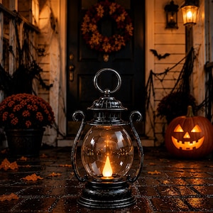 May include: A black metal lantern with a rounded glass globe containing a single glowing flame-shaped light bulb. The lantern features a circular top handle and curved side supports, resting on a circular base on a dark brick surface.
