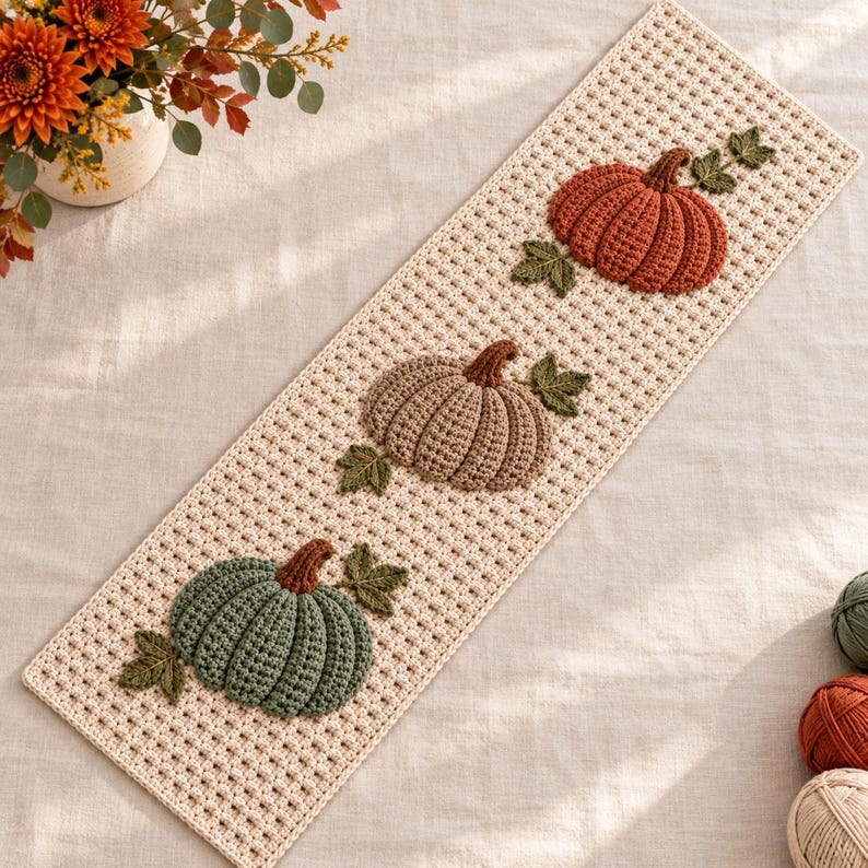 Crochet Pumpkin Table Runner Pattern, Fall Harvest Applique (digital ...