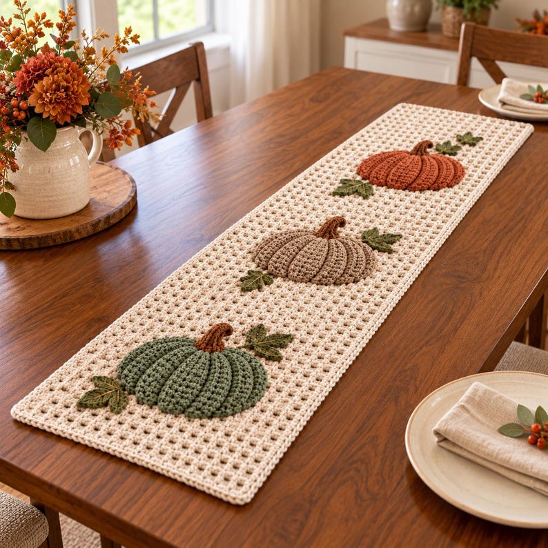 Crochet Pumpkin Table Runner Pattern, Fall Harvest Applique (digital ...