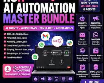 Może przedstawiać: Cyfrowa grafika dla pakietu n8n AI Automation Master Bundle z laptopem wyświetlającym diagramy przepływu pracy. Projekt zawiera tekst wymieniający ponad 40 gotowych do zaimportowania przepływów pracy, agentów AI oraz automatyzacje dla Gmaila i WhatsAppa.