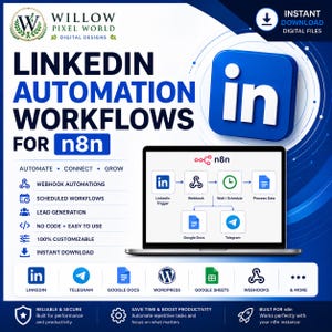 May include: A digital graphic for LinkedIn automation workflows for n8n featuring the LinkedIn logo, a laptop displaying a workflow diagram, and icons for webhooks, scheduled workflows, lead generation, and integrations with Google Docs and Telegram.