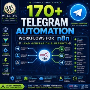May include: A digital graphic for 170+ Telegram automation workflows for n8n, featuring a central n8n logo, flowcharts connecting Telegram triggers to Google Sheets and email notifications, and a list of features including workflow templates and setup guides.