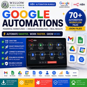 May include: A digital product bundle for n8n automation featuring Google services. The graphic displays a laptop showing a workflow diagram, icons for Gmail, Sheets, Drive, and Calendar, and text stating 70+ automation workflow JSON files.