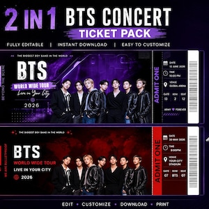 Może przedstawiać: Cyfrowy szablon dwóch biletów na koncert BTS z członkami zespołu w czarnych strojach. Górny bilet ma fioletowy motyw z napisem 2 IN 1 BTS CONCERT TICKET PACK, a dolny czerwony. Oba zawierają miejsca na datę, godzinę, miejsce, bramkę, rząd i numer miejsca.