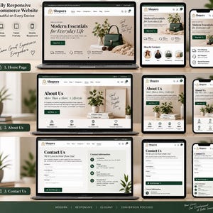 Może przedstawiać: Kolekcja responsywnych układów stron e-commerce wyświetlanych na laptopach, tabletach i smartfonach. Ekrany pokazują strony główne, o nas oraz kontaktowe Shopora z tekstem, menu nawigacyjnym, zdjęciami produktów i formularzami w neutralnej kolorystyce.